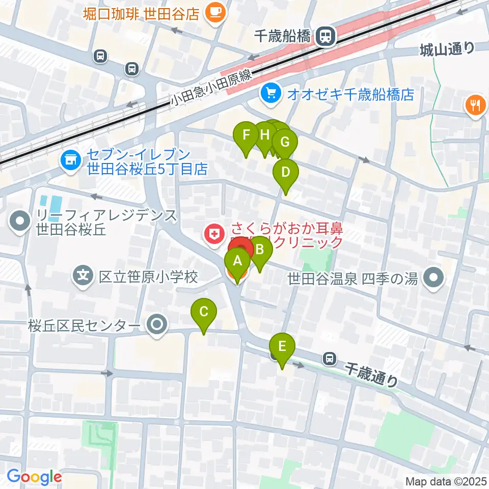 ユリミュージックキャンパス 千歳船橋教室周辺のファミレス・ファーストフード一覧地図