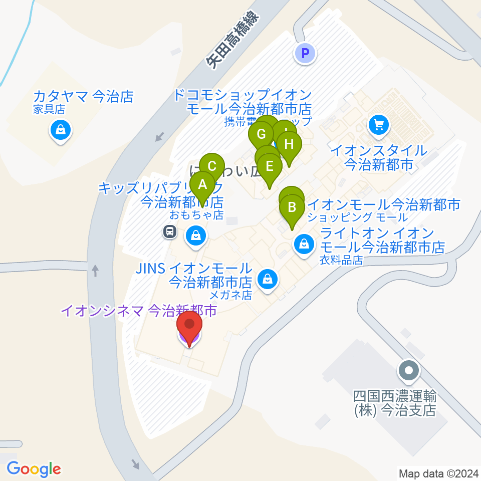 イオンシネマ今治新都市周辺のファミレス・ファーストフード一覧地図