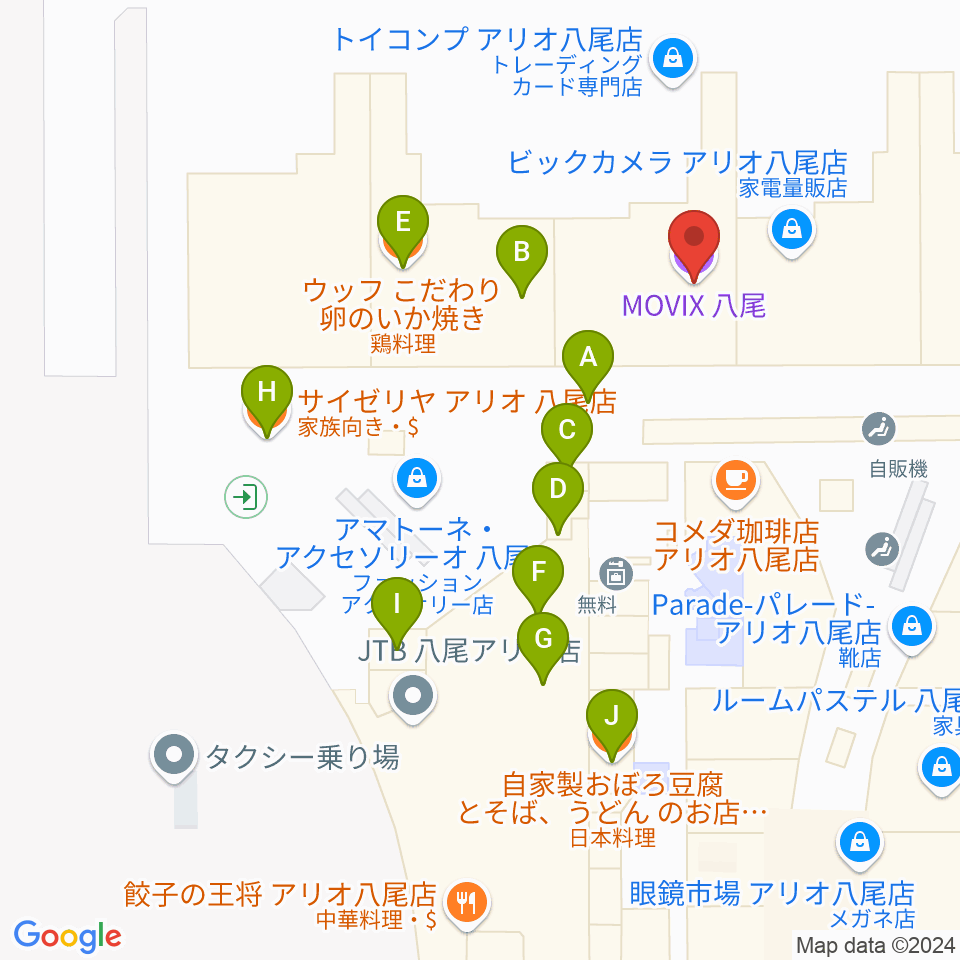 MOVIX八尾周辺のファミレス・ファーストフード一覧地図