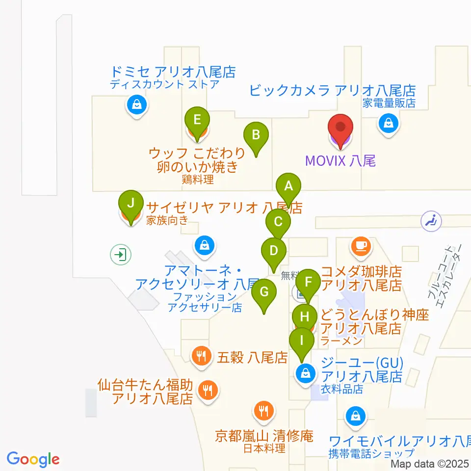 MOVIX八尾周辺のファミレス・ファーストフード一覧地図
