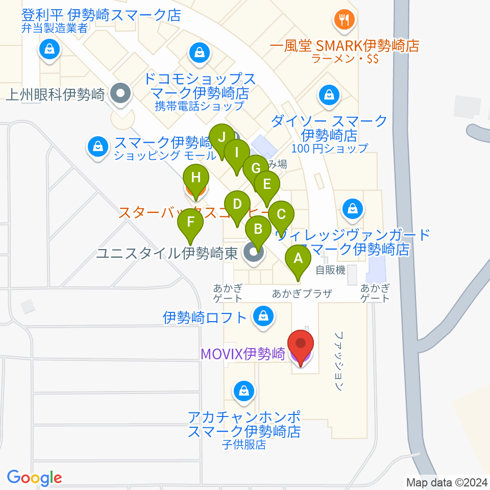 MOVIX伊勢崎周辺のファミレス・ファーストフード一覧地図