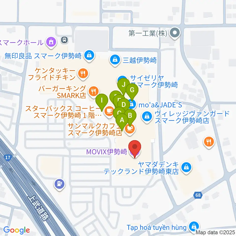 MOVIX伊勢崎周辺のファミレス・ファーストフード一覧地図