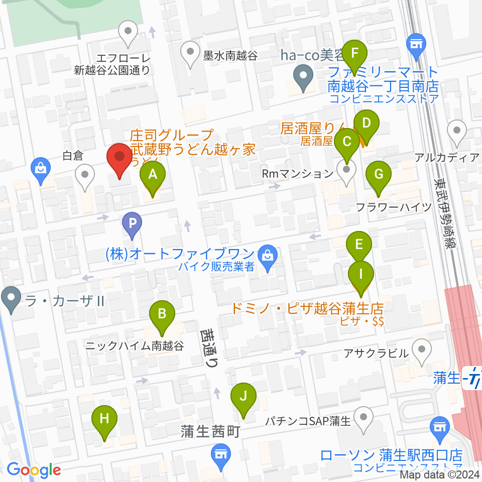 こしがやエフエム周辺のファミレス・ファーストフード一覧地図