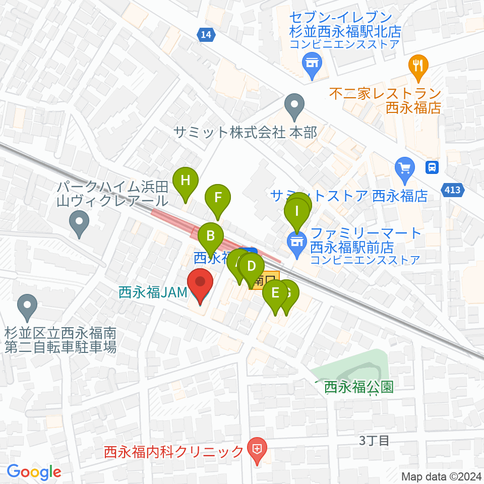 西永福JAM周辺のファミレス・ファーストフード一覧地図