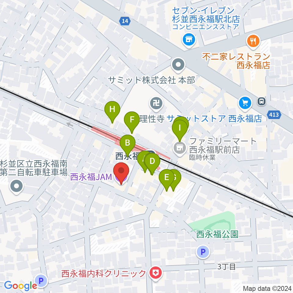 西永福JAM周辺のファミレス・ファーストフード一覧地図