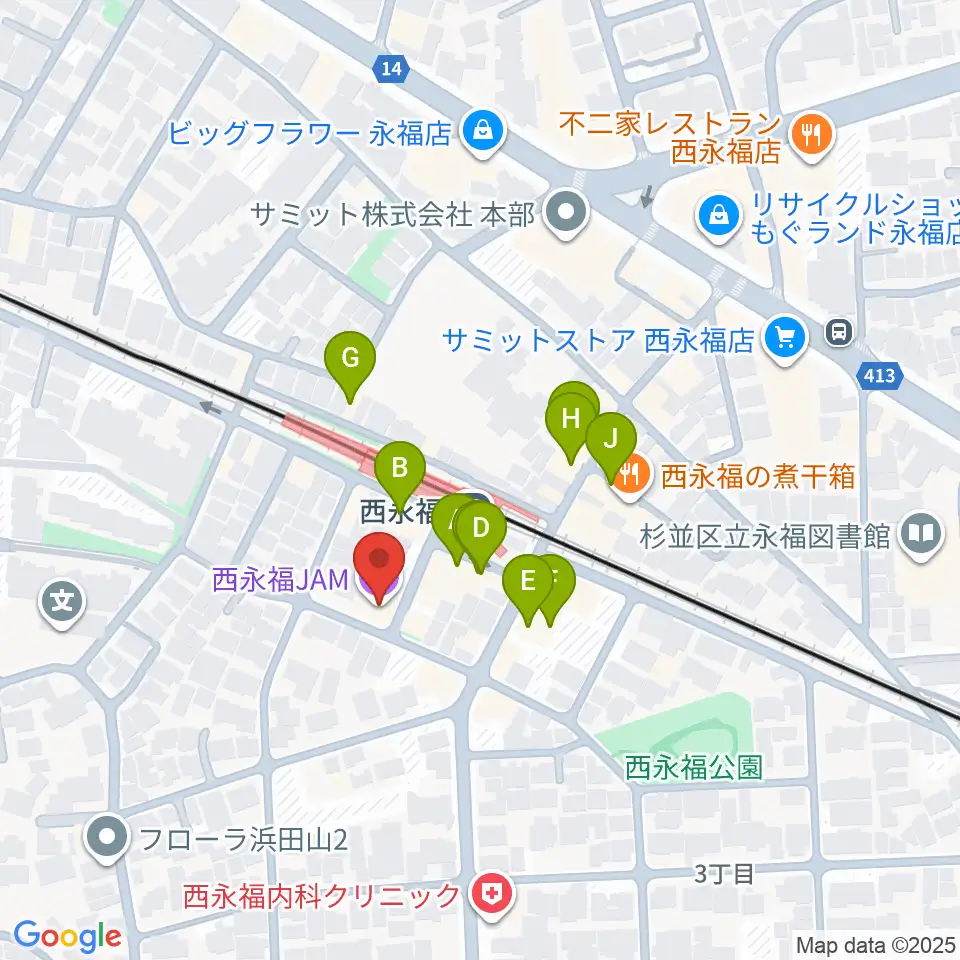 西永福JAM周辺のファミレス・ファーストフード一覧地図