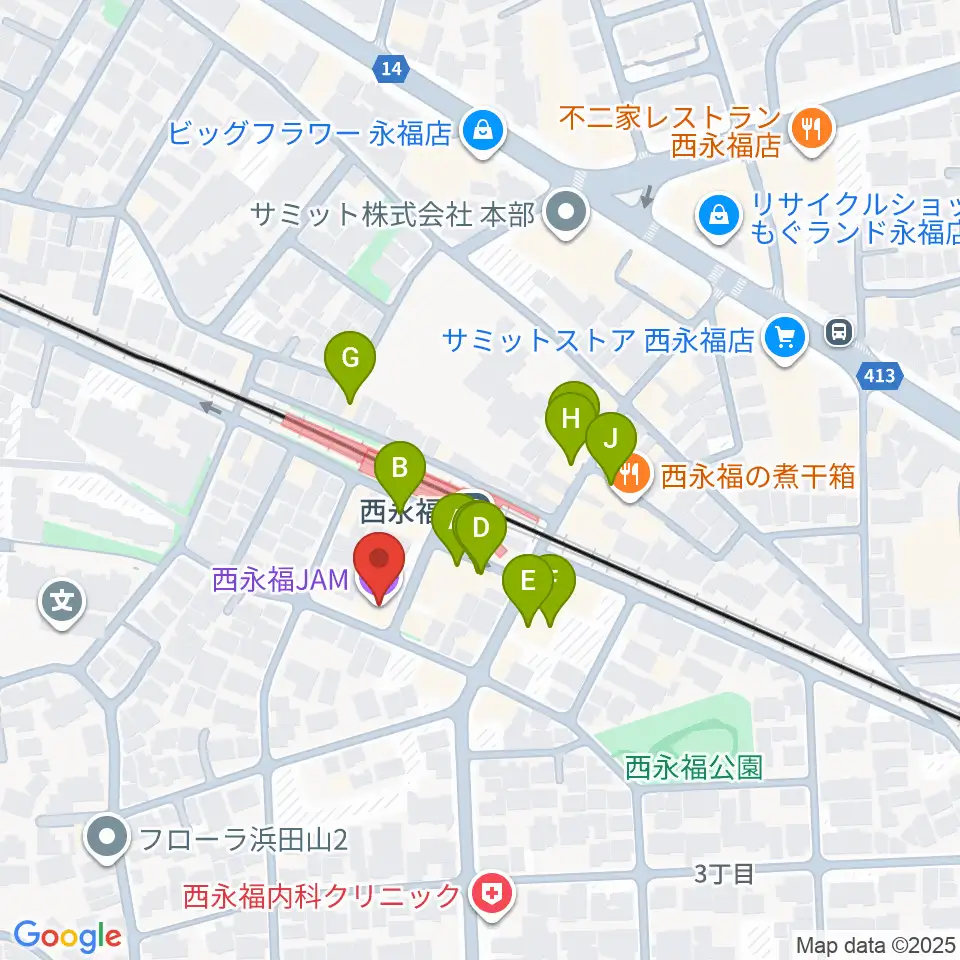 西永福JAM周辺のファミレス・ファーストフード一覧地図