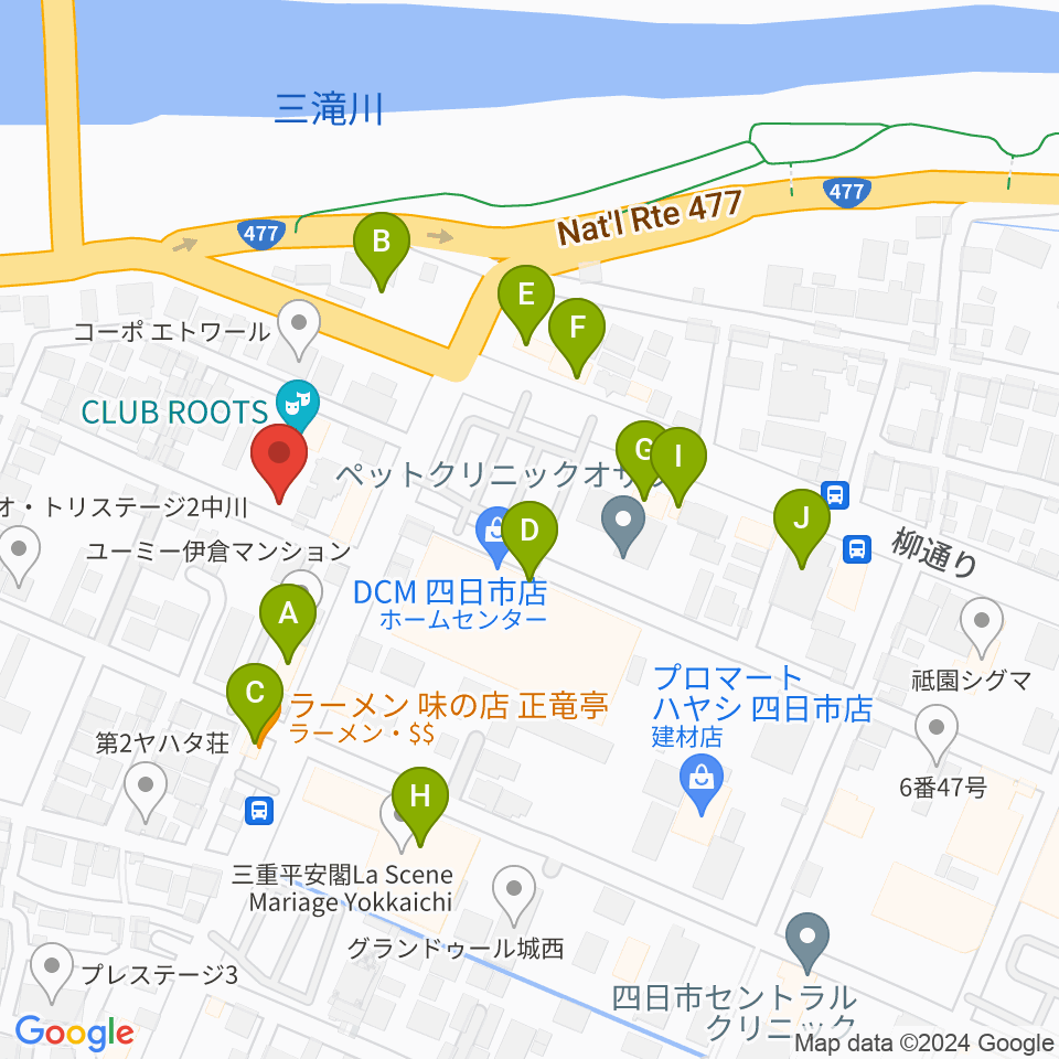 四日市CLUB ROOTS周辺のファミレス・ファーストフード一覧地図