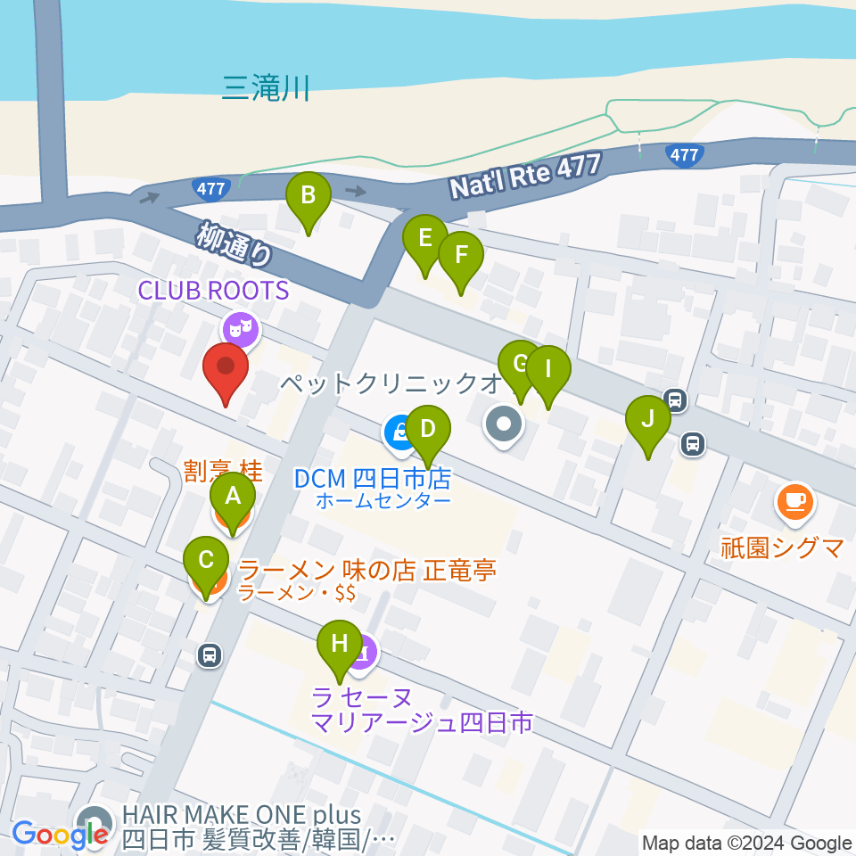 四日市CLUB ROOTS周辺のファミレス・ファーストフード一覧地図