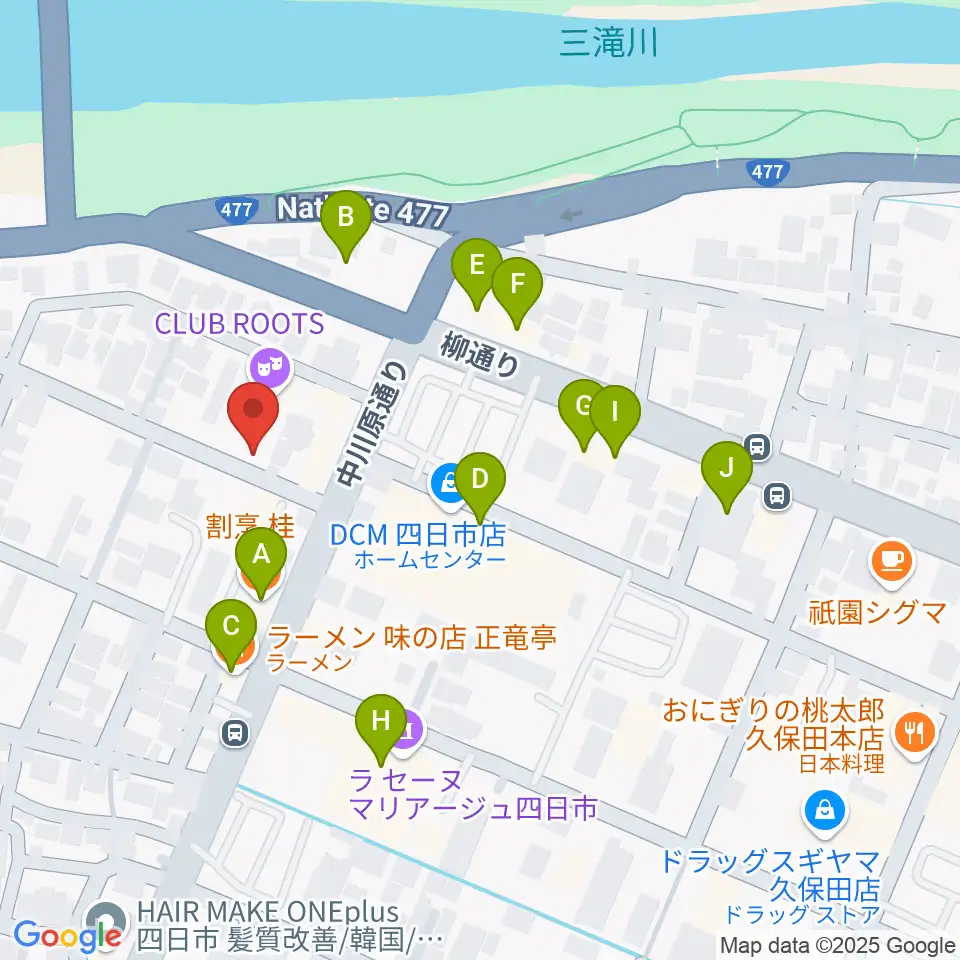 四日市CLUB ROOTS周辺のファミレス・ファーストフード一覧地図