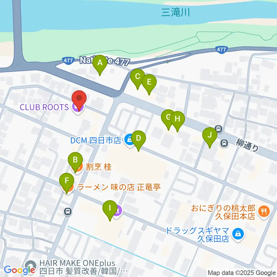 四日市CLUB ROOTS周辺のファミレス・ファーストフード一覧地図