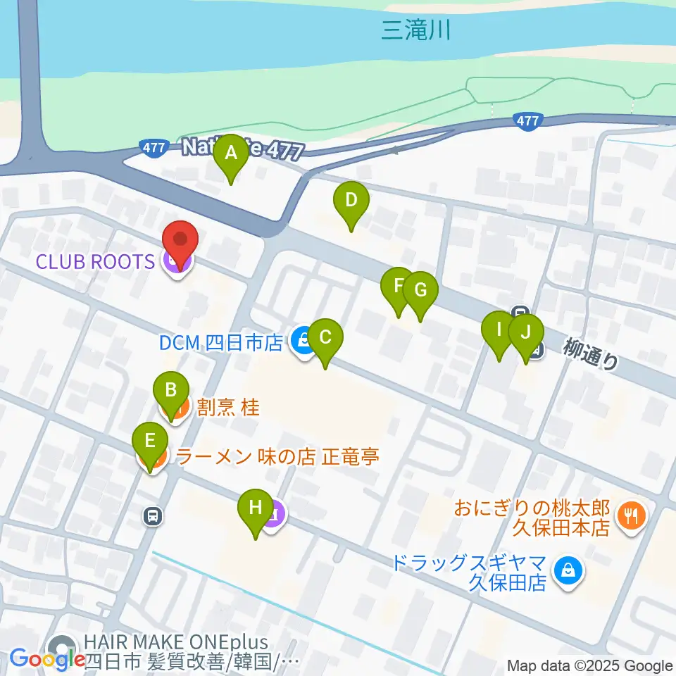 四日市CLUB ROOTS周辺のファミレス・ファーストフード一覧地図