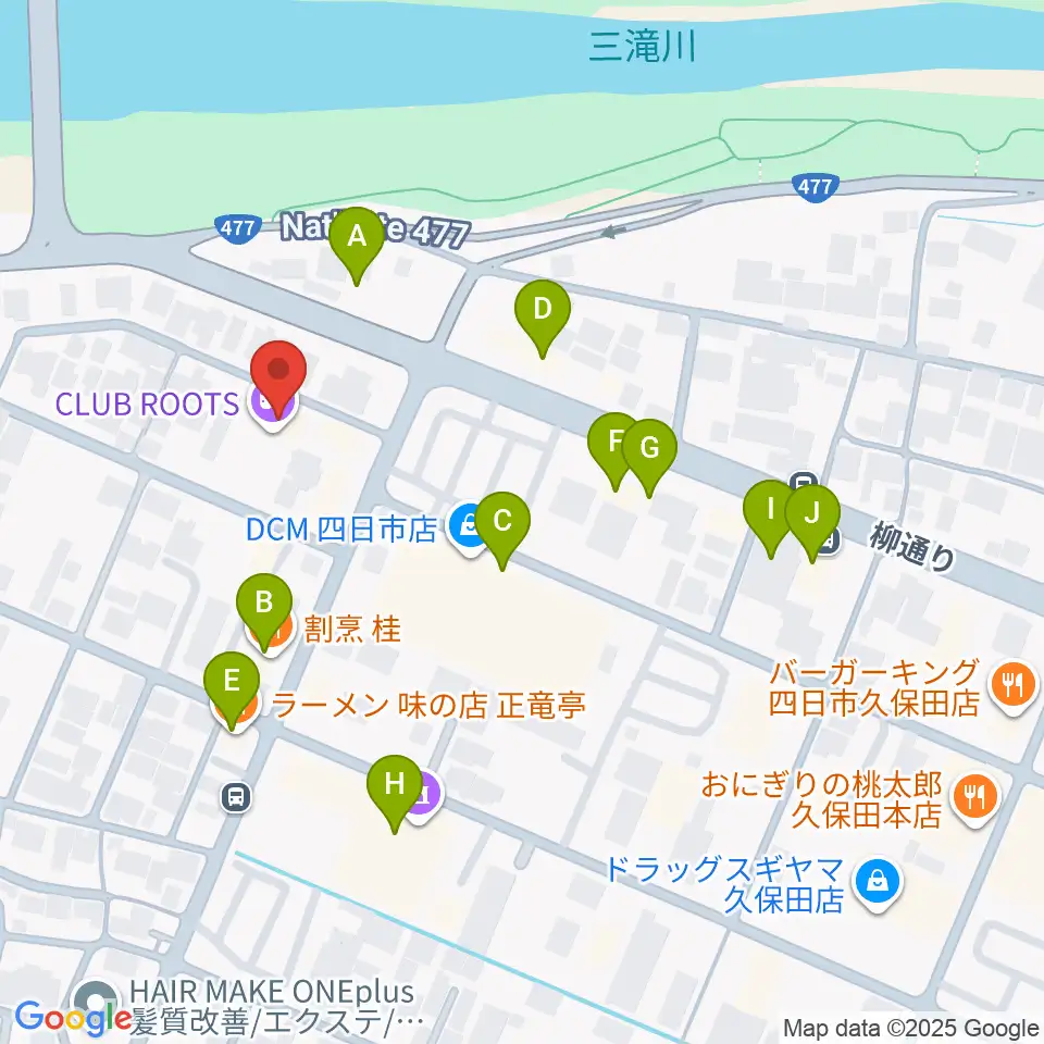 四日市CLUB ROOTS周辺のファミレス・ファーストフード一覧地図