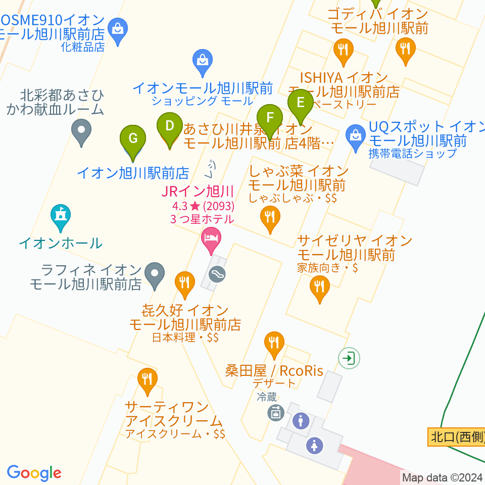 イオンシネマ旭川駅前周辺のファミレス・ファーストフード一覧地図