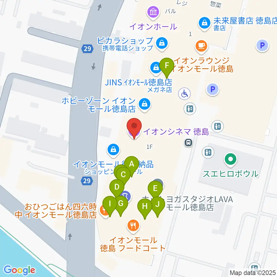 イオンシネマ徳島周辺のファミレス・ファーストフード一覧地図