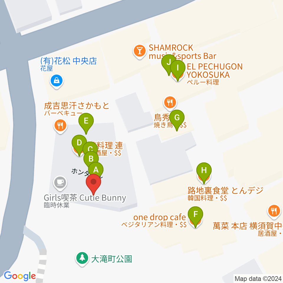 横須賀GIG acoustic周辺のファミレス・ファーストフード一覧地図