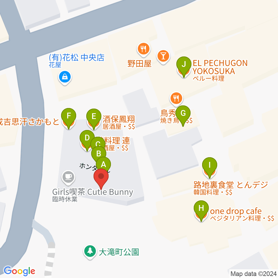 横須賀GIG acoustic周辺のファミレス・ファーストフード一覧地図