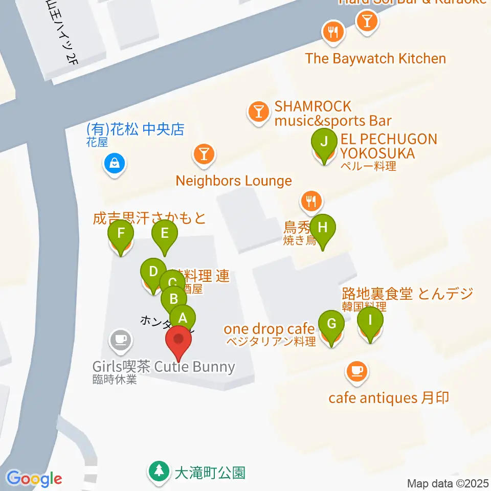 横須賀GIG acoustic周辺のファミレス・ファーストフード一覧地図