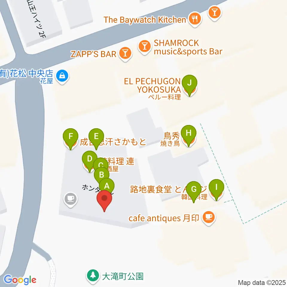 横須賀GIG acoustic周辺のファミレス・ファーストフード一覧地図
