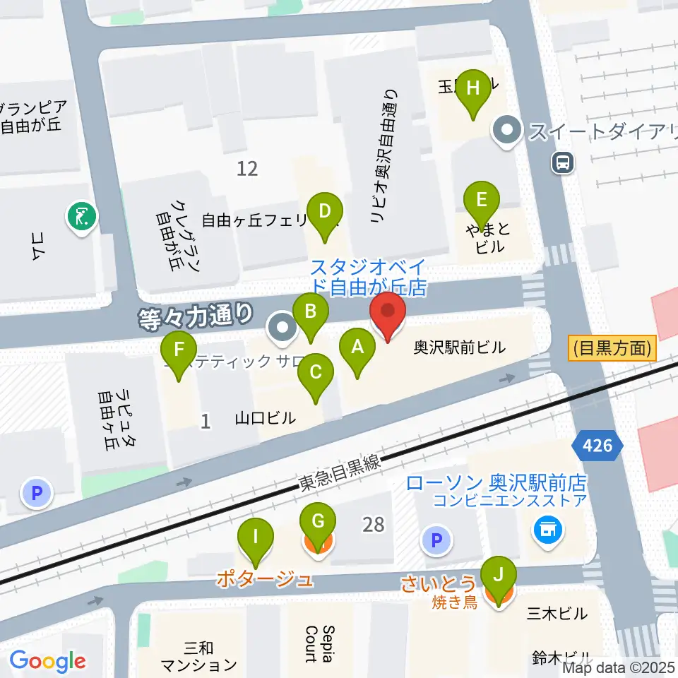 スタジオベイド自由が丘店周辺のファミレス・ファーストフード一覧地図