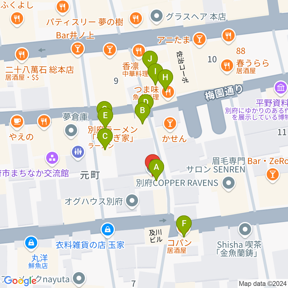 別府COPPER RAVENS周辺のファミレス・ファーストフード一覧地図