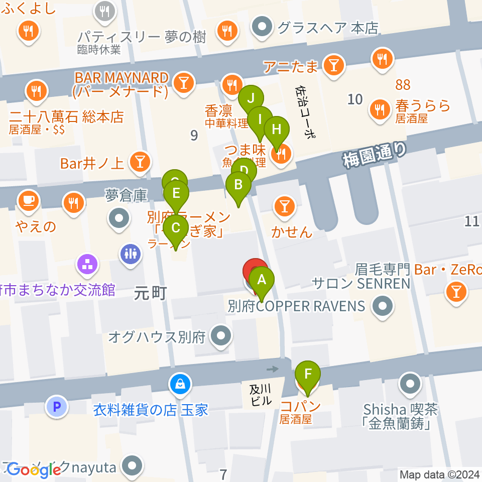 別府COPPER RAVENS周辺のファミレス・ファーストフード一覧地図