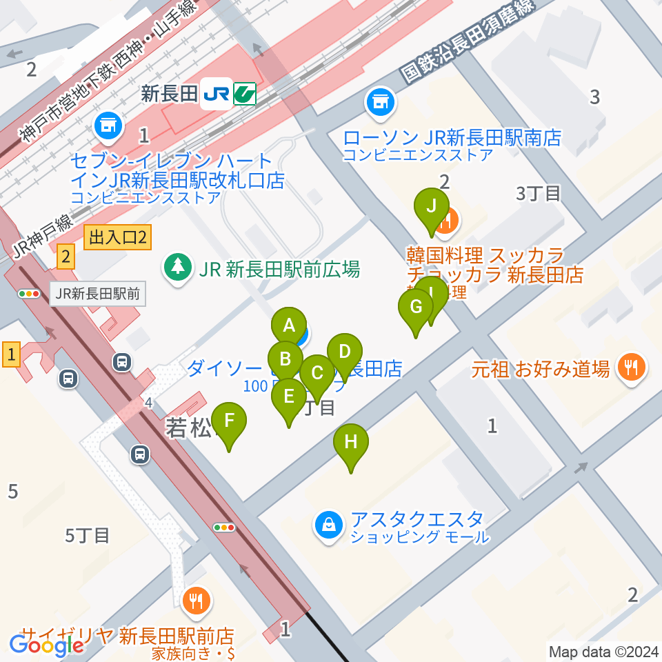 ピフレホール（長田区文化センター別館）周辺のファミレス・ファーストフード一覧地図