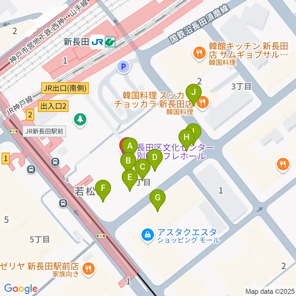長田区文化センター別館ピフレホール周辺のファミレス・ファーストフード一覧地図