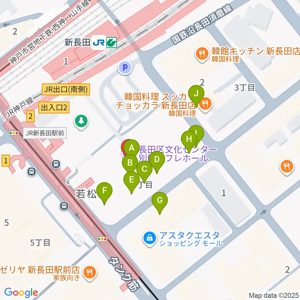 長田区文化センター別館ピフレホール周辺のファミレス・ファーストフード一覧地図