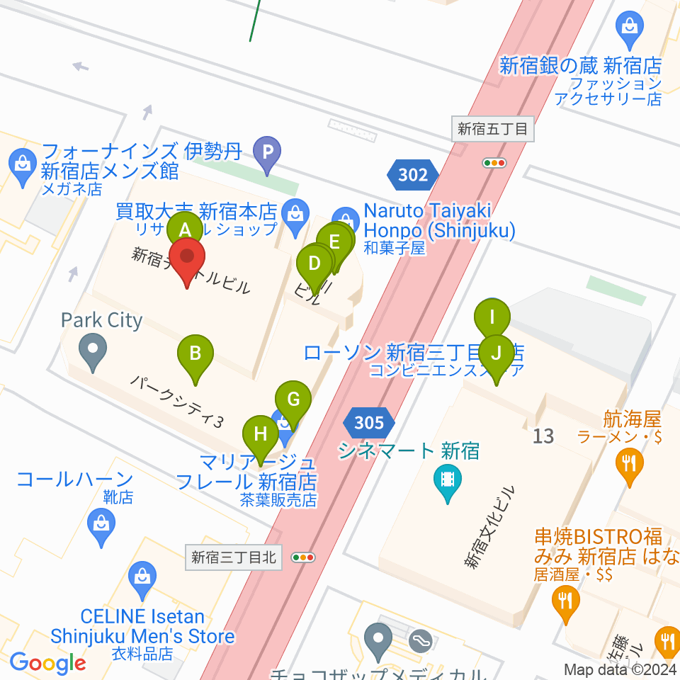 テアトル新宿周辺のファミレス・ファーストフード一覧地図