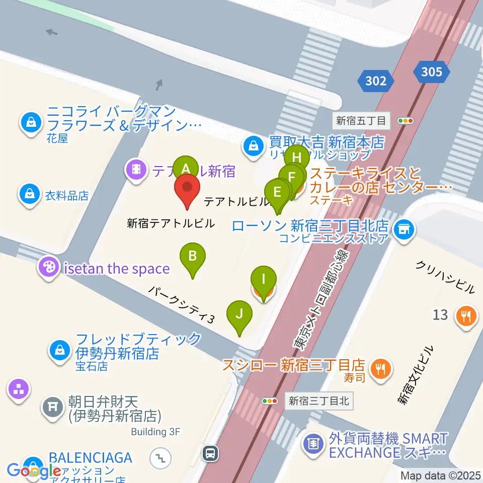 テアトル新宿周辺のファミレス・ファーストフード一覧地図