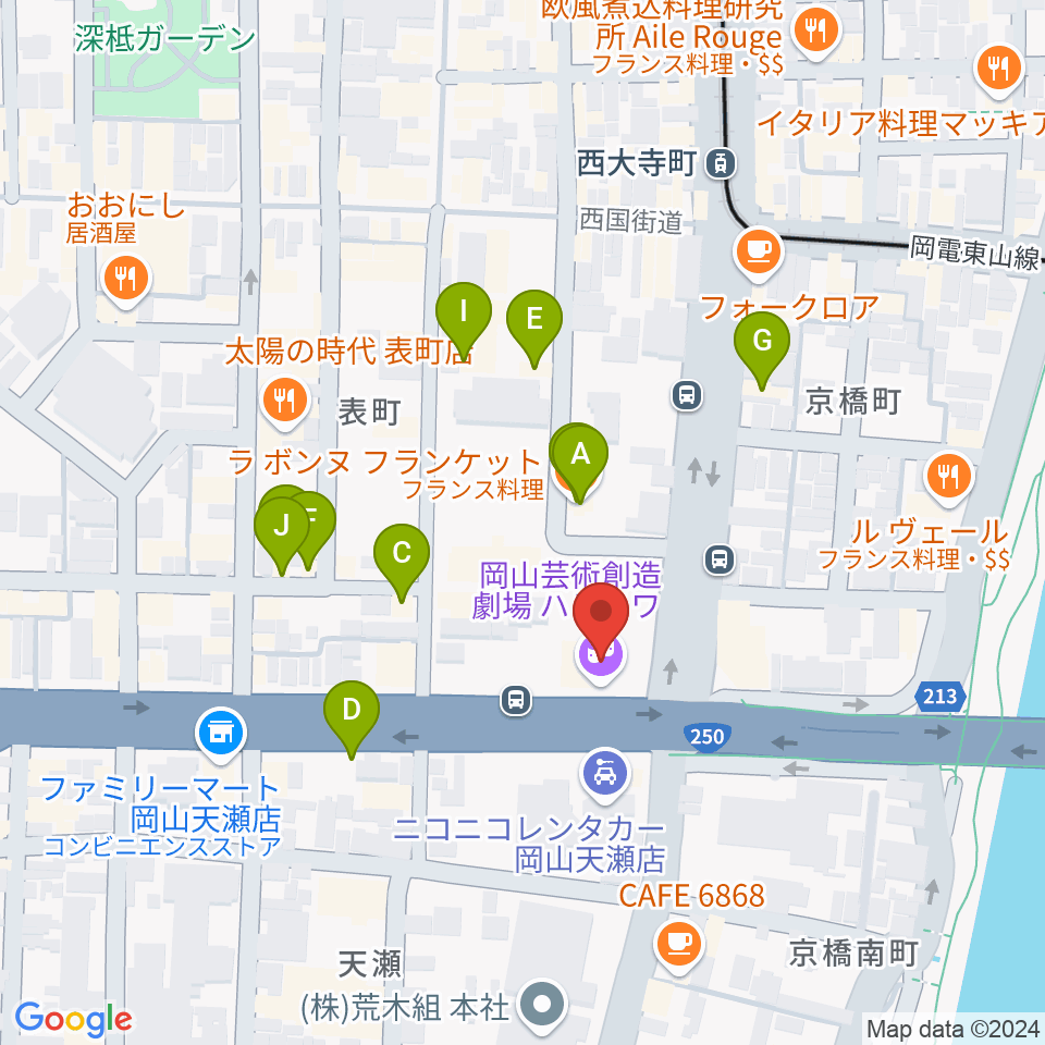 岡山芸術創造劇場ハレノワ周辺のファミレス・ファーストフード一覧地図