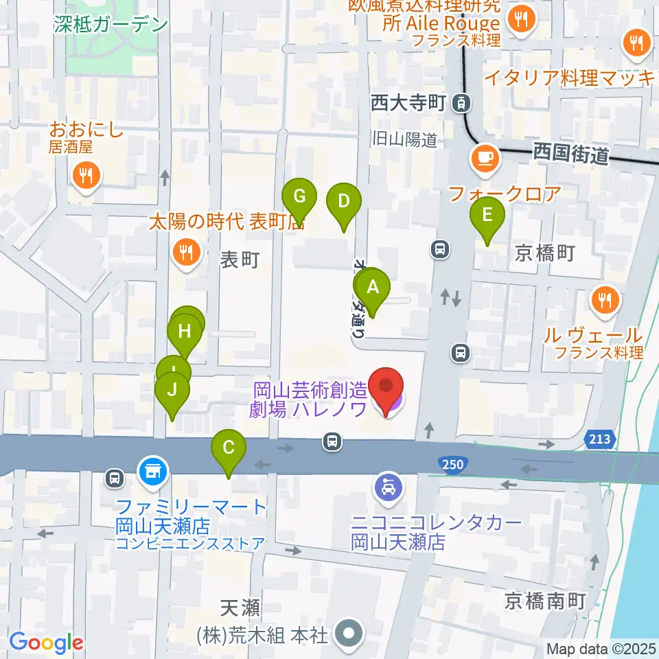 岡山芸術創造劇場ハレノワ周辺のファミレス・ファーストフード一覧地図