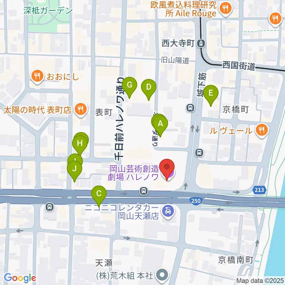 岡山芸術創造劇場ハレノワ周辺のファミレス・ファーストフード一覧地図