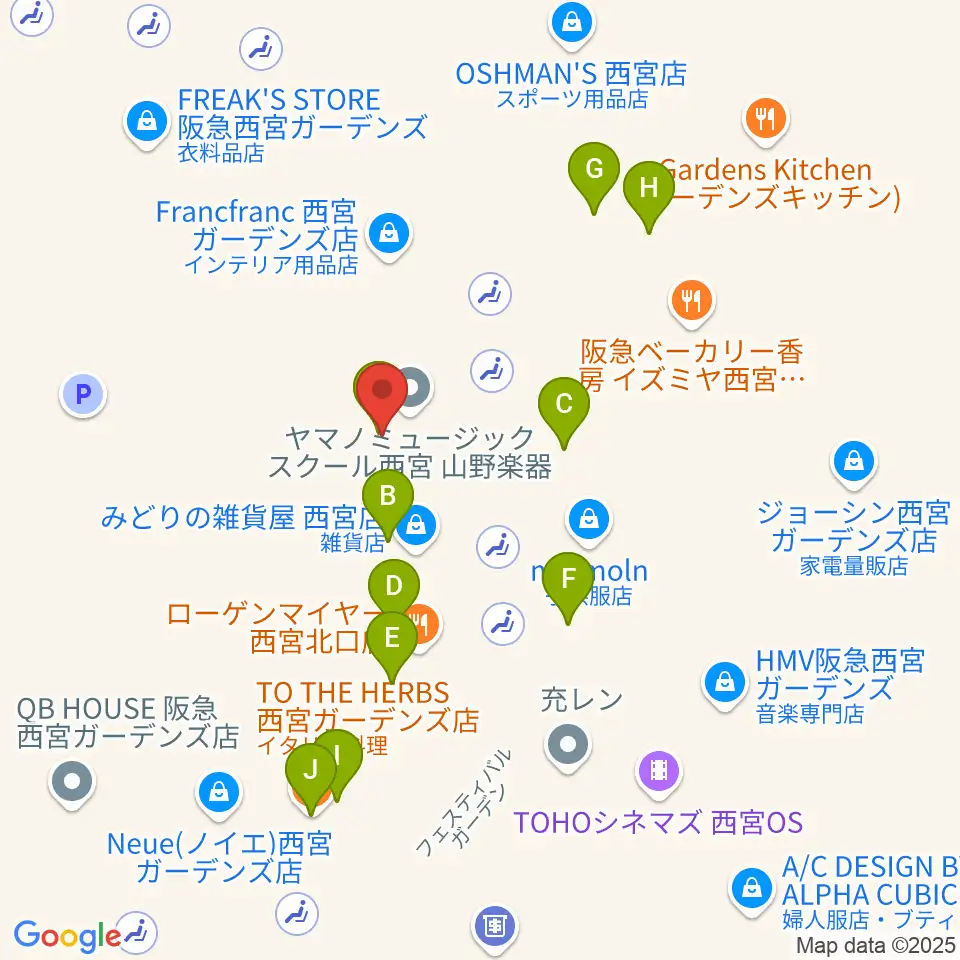山野楽器 西宮ガーデンズ店周辺のファミレス・ファーストフード一覧地図