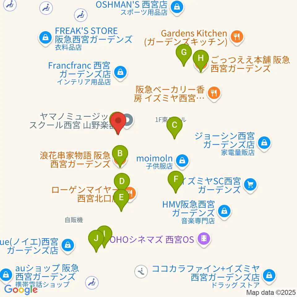 山野楽器 西宮ガーデンズ店周辺のファミレス・ファーストフード一覧地図