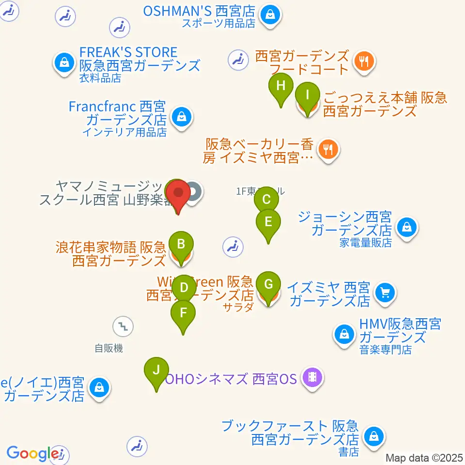 山野楽器 西宮ガーデンズ店周辺のファミレス・ファーストフード一覧地図