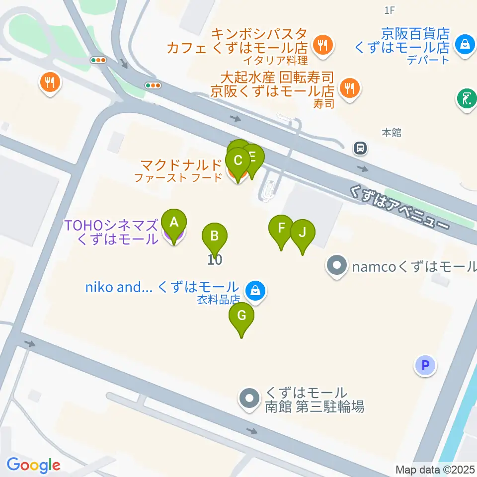 TOHOシネマズくずはモール周辺のファミレス・ファーストフード一覧地図