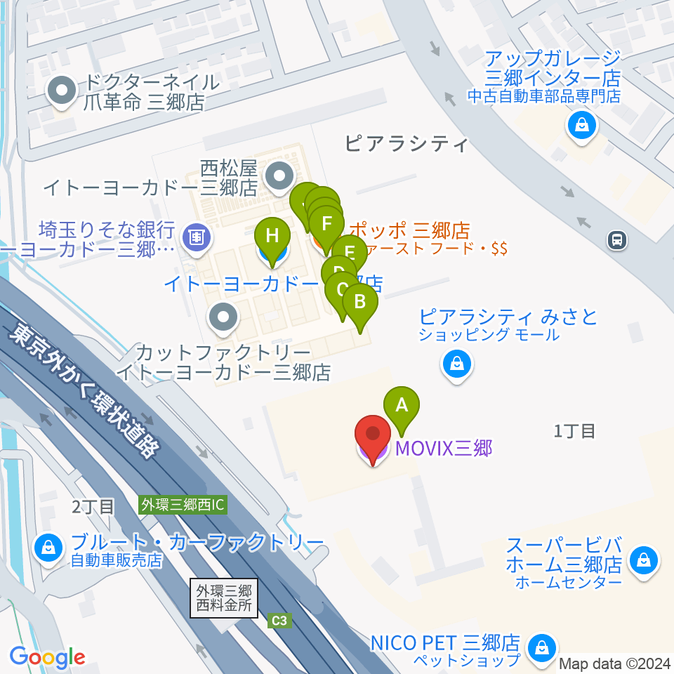 MOVIX三郷周辺のファミレス・ファーストフード一覧地図