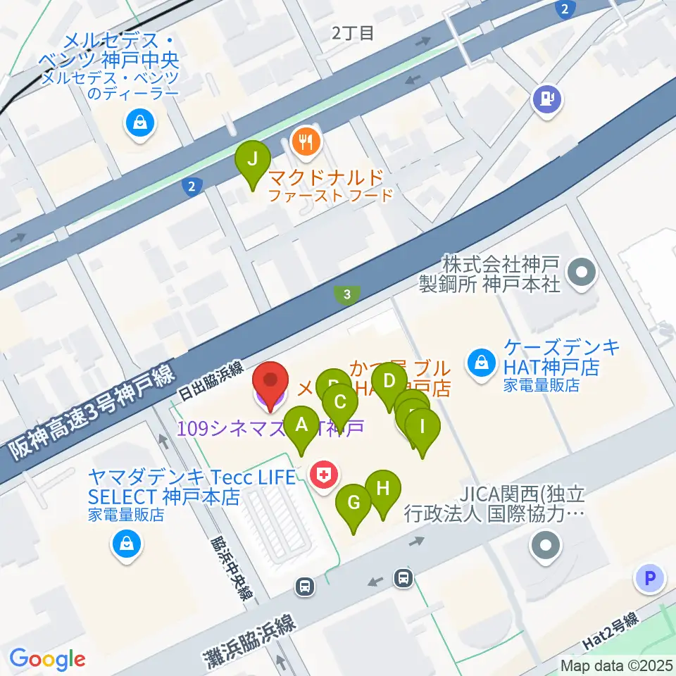 109シネマズHAT神戸周辺のファミレス・ファーストフード一覧地図