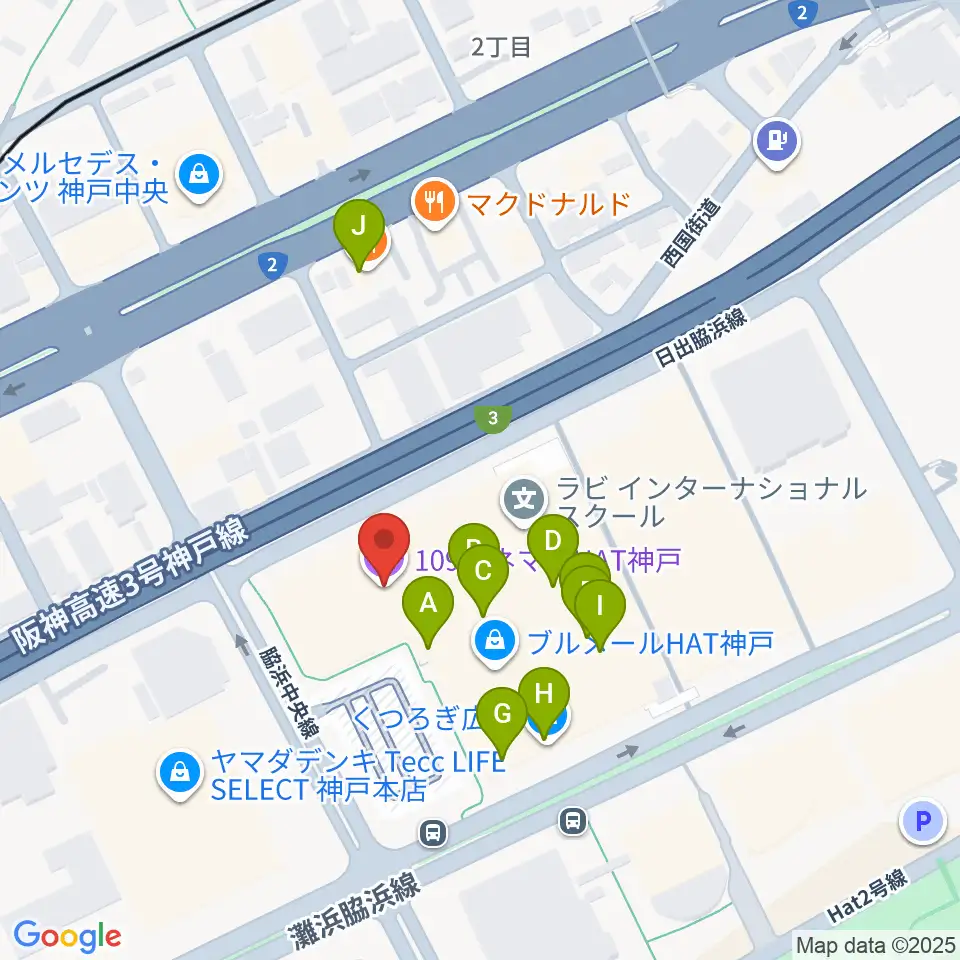 109シネマズHAT神戸周辺のファミレス・ファーストフード一覧地図