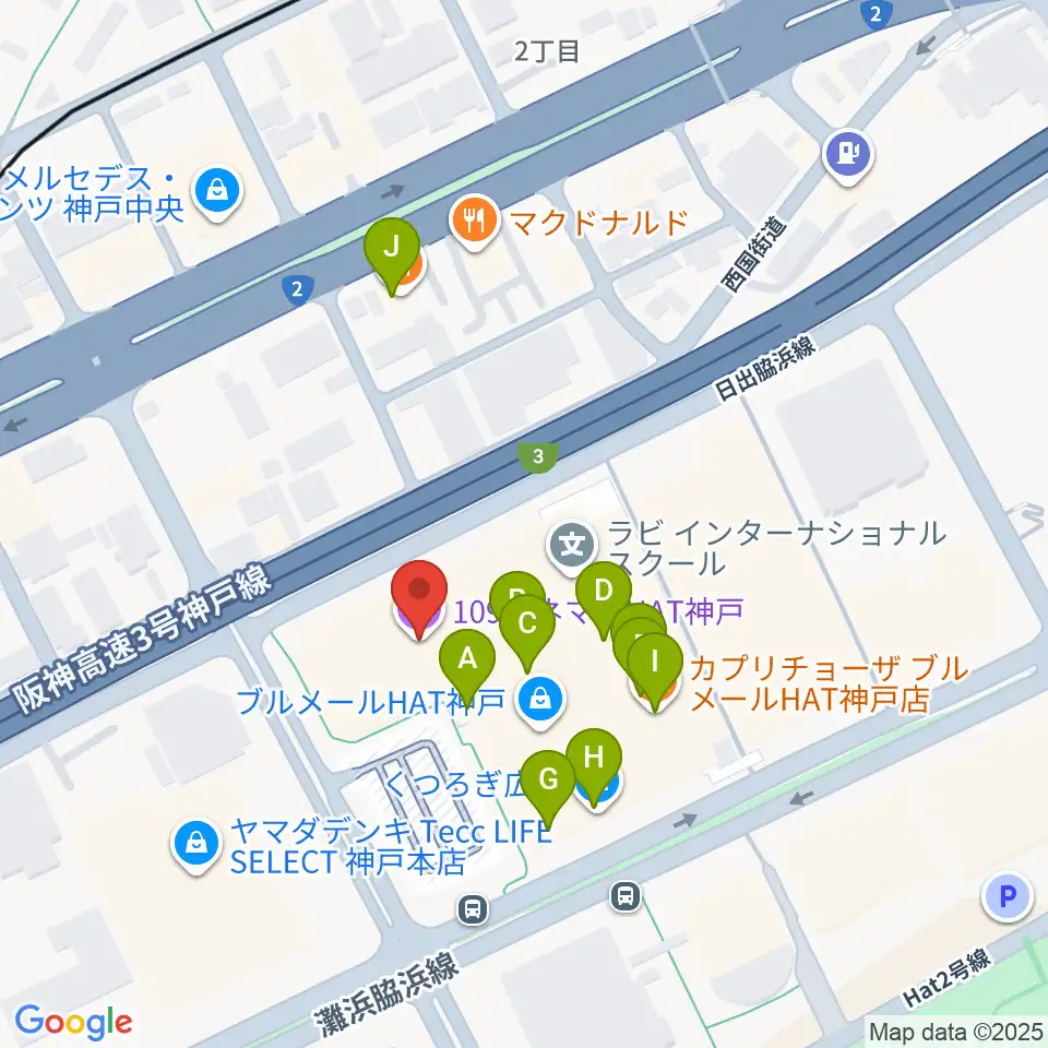 109シネマズHAT神戸周辺のファミレス・ファーストフード一覧地図