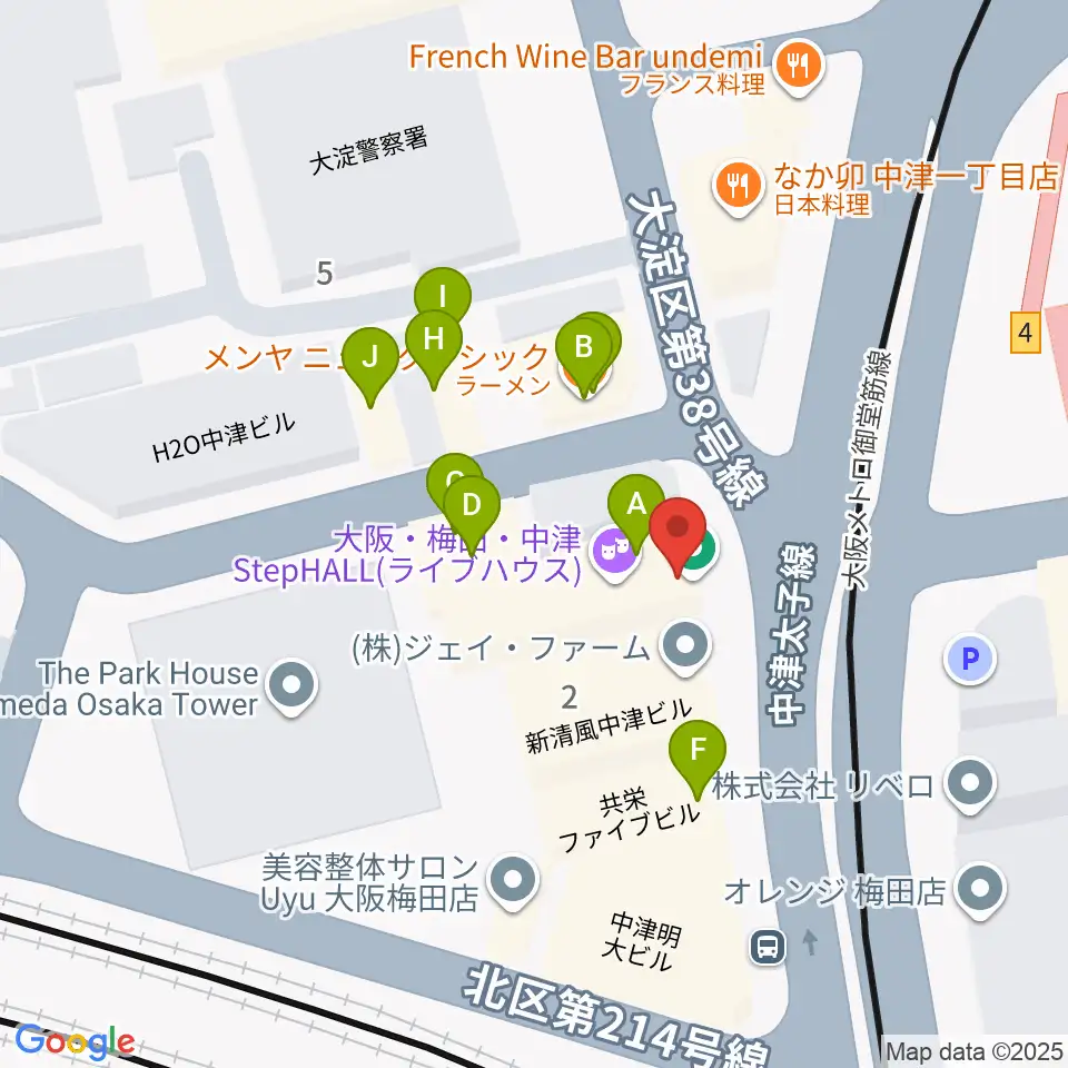 中津Step HALL周辺のファミレス・ファーストフード一覧地図