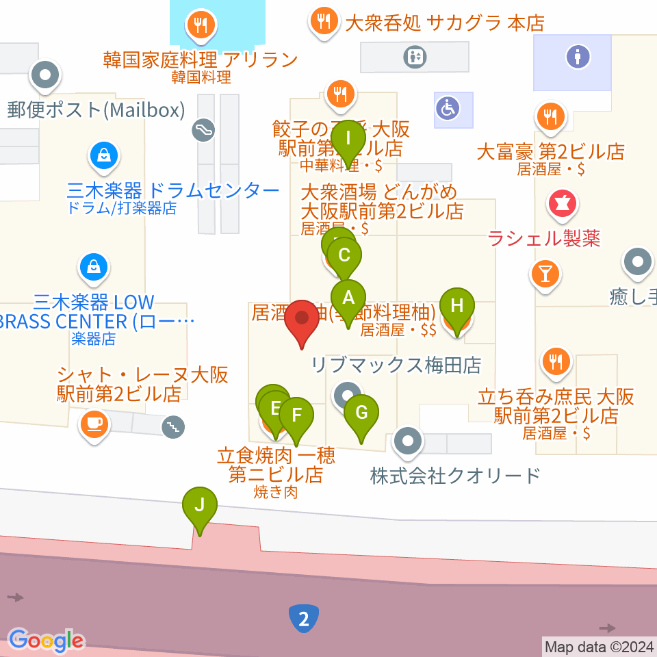 大阪弦楽器周辺のファミレス・ファーストフード一覧地図