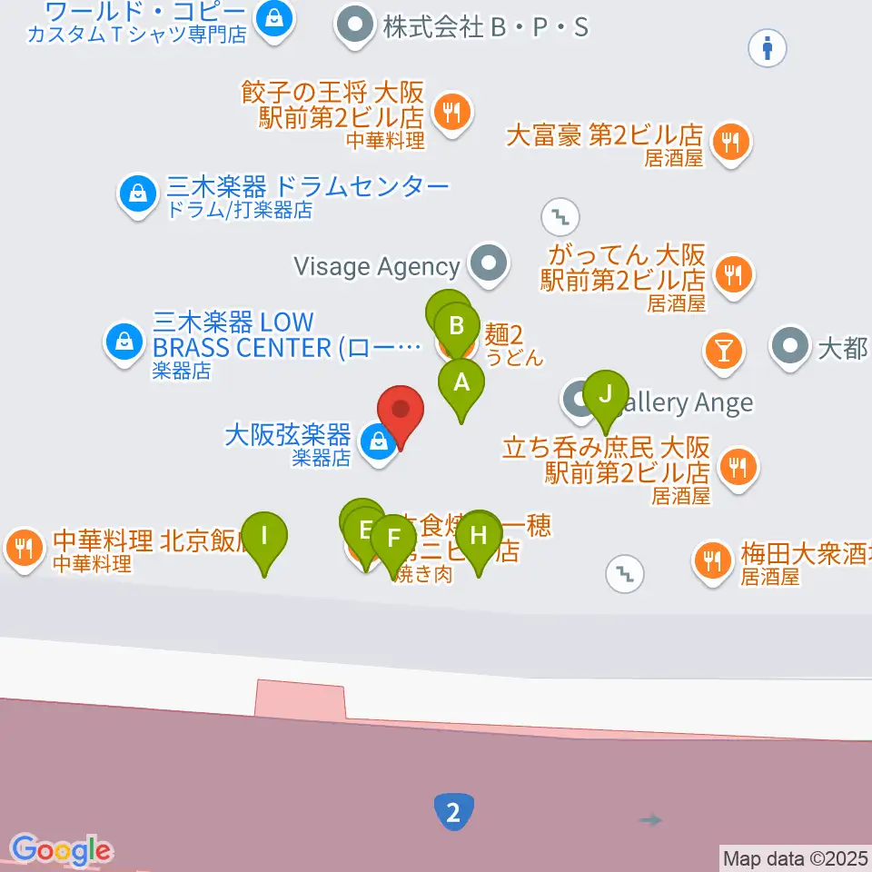 大阪弦楽器周辺のファミレス・ファーストフード一覧地図