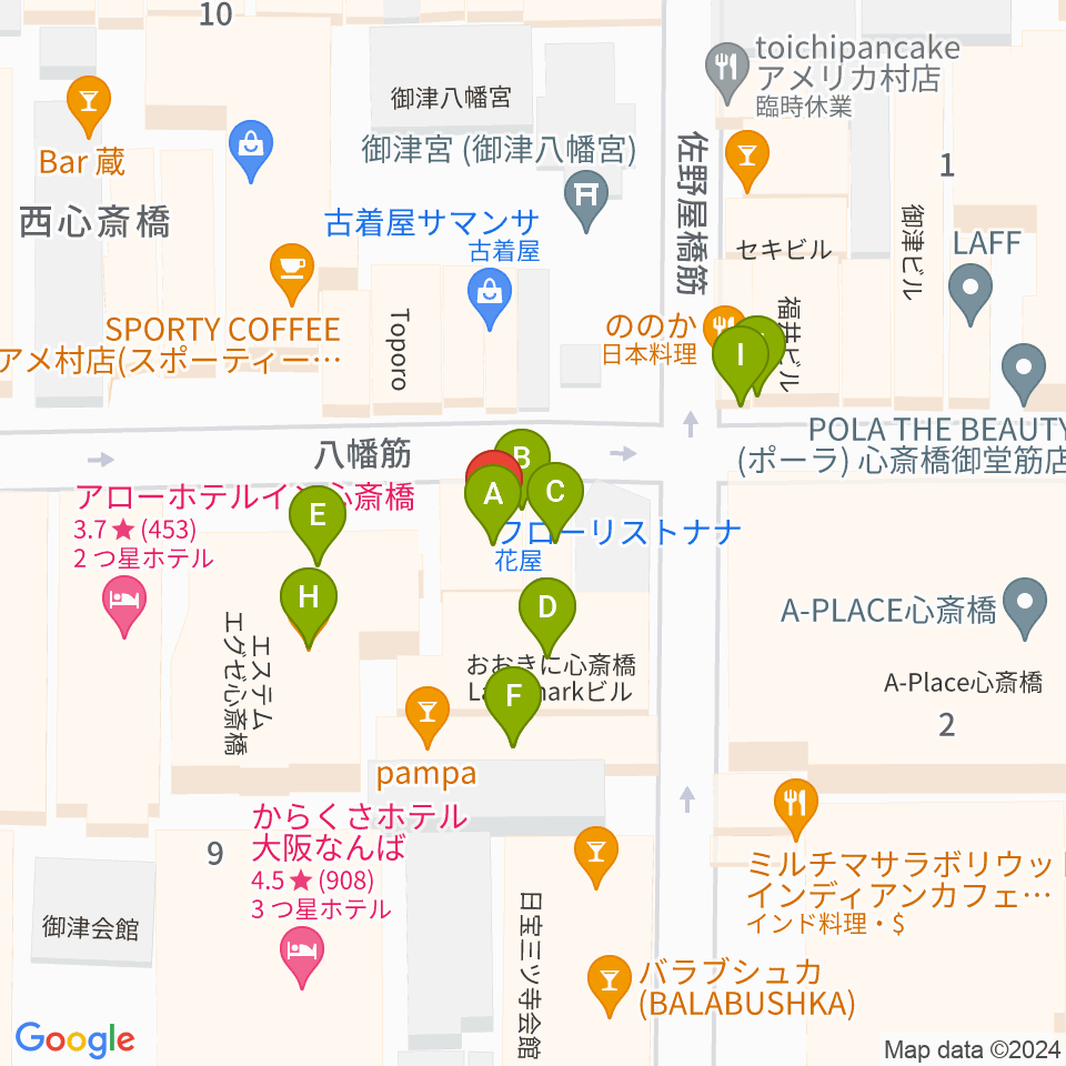 心斎橋 新神楽周辺のファミレス・ファーストフード一覧地図