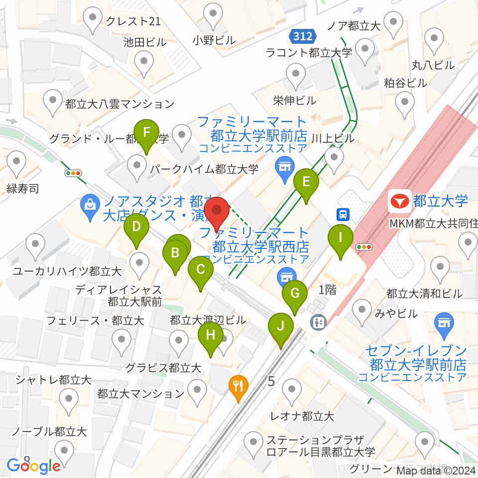ピアノスタジオノア 都立大店周辺のファミレス・ファーストフード一覧地図