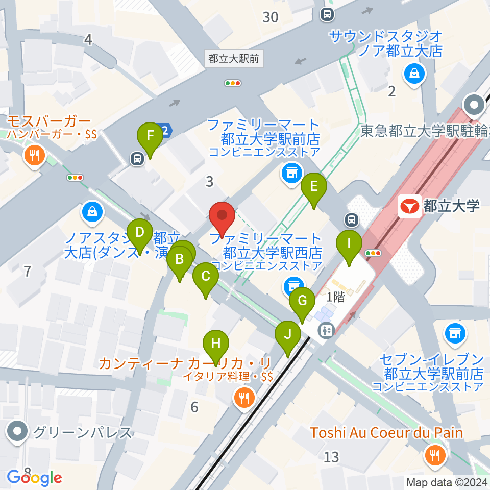 ピアノスタジオノア 都立大店周辺のファミレス・ファーストフード一覧地図