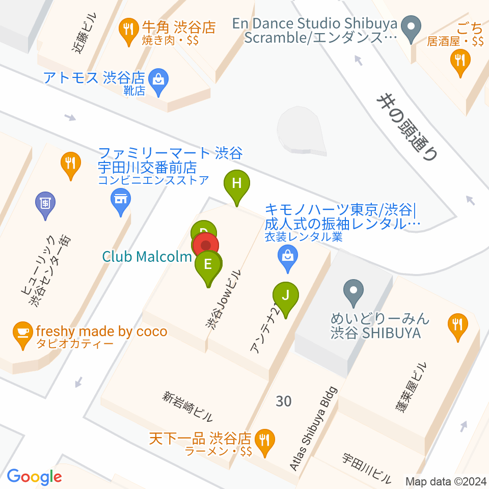 渋谷Club Malcolm周辺のファミレス・ファーストフード一覧地図