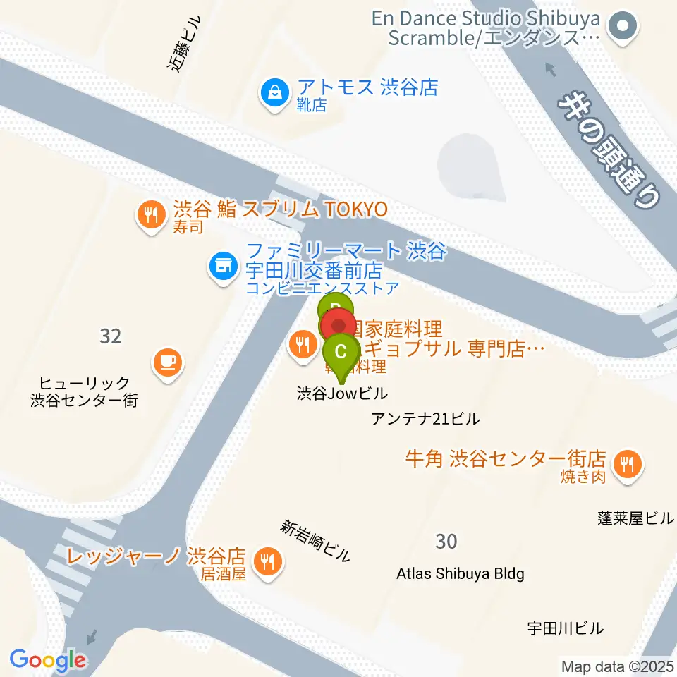 渋谷Club Malcolm周辺のファミレス・ファーストフード一覧地図